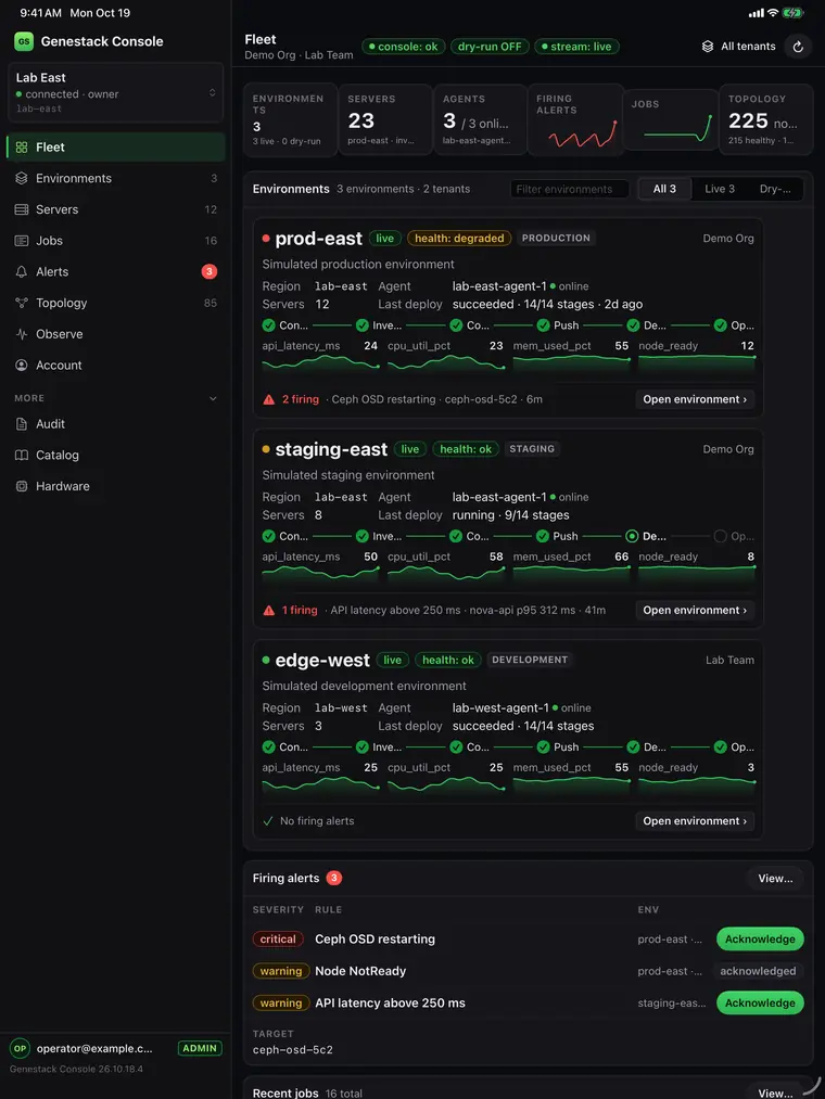 Genestack Console for iPad: Fleet (simulated demo data)