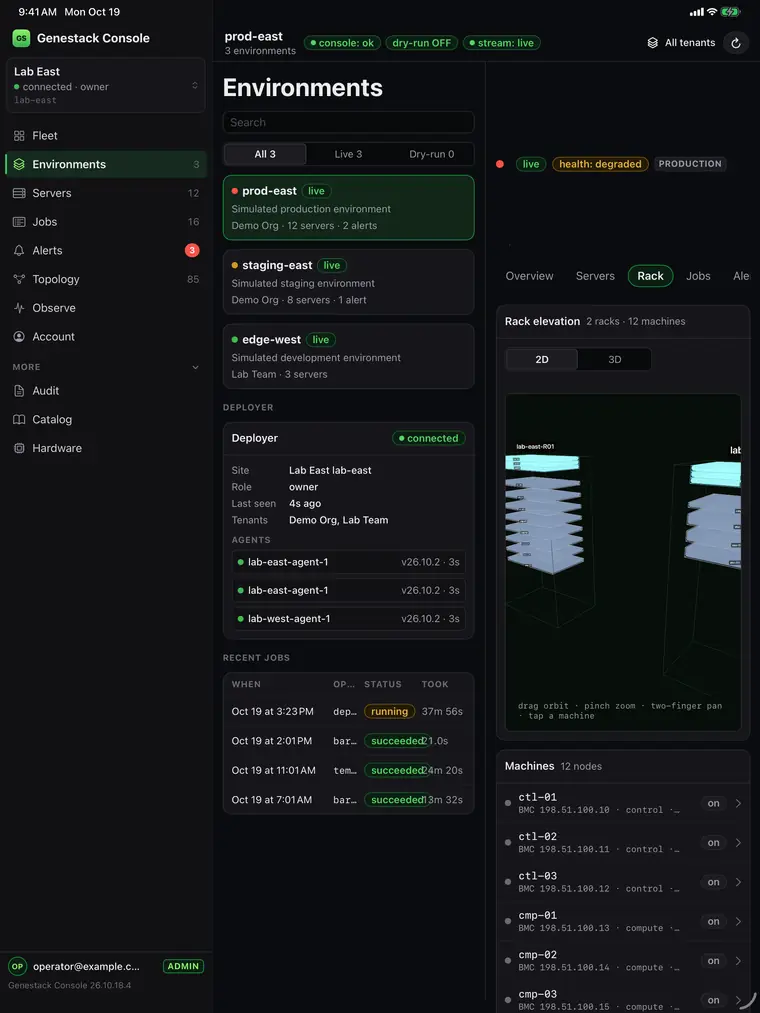 Genestack Console for iPad: Racks in 3D (simulated demo data)