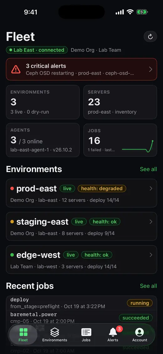 Genestack Console for iPhone: Fleet in your pocket (simulated demo data)