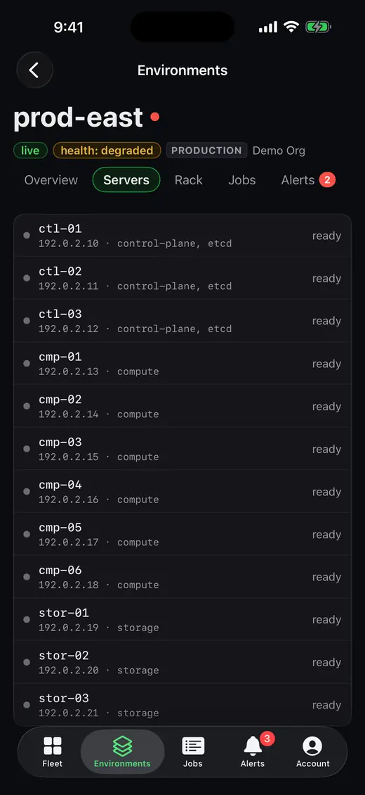 Genestack Console for iPhone: Servers (simulated demo data)