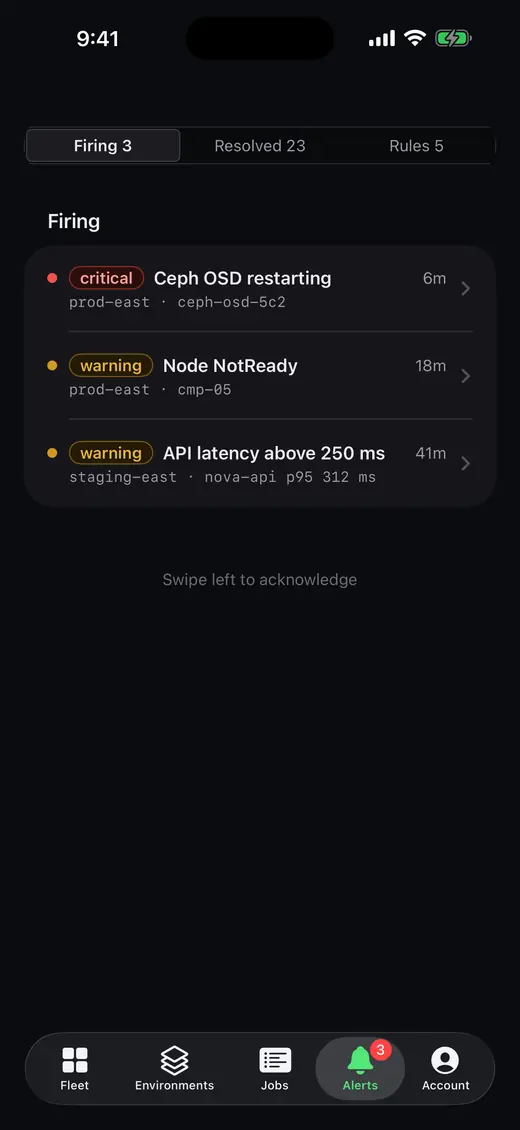 Genestack Console for iPhone: Alerts (simulated demo data)