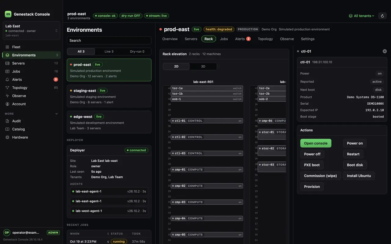 Genestack Console for Mac: Rack elevation (simulated demo data)