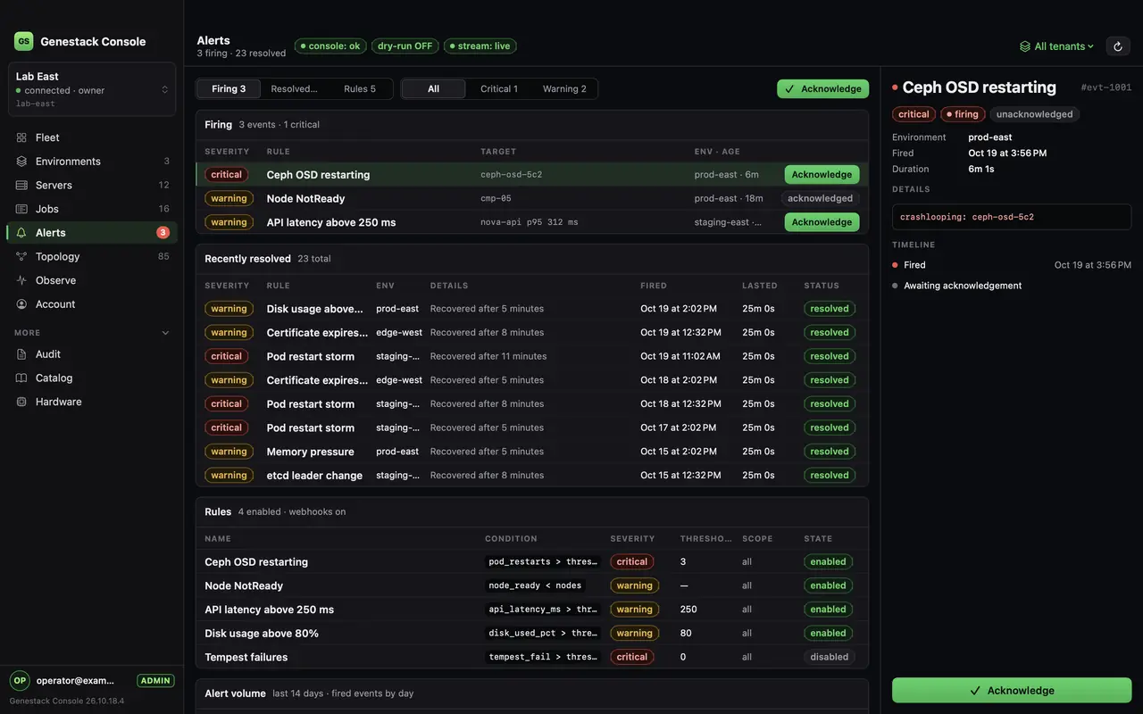 Genestack Console for Mac: Alerts (simulated demo data)