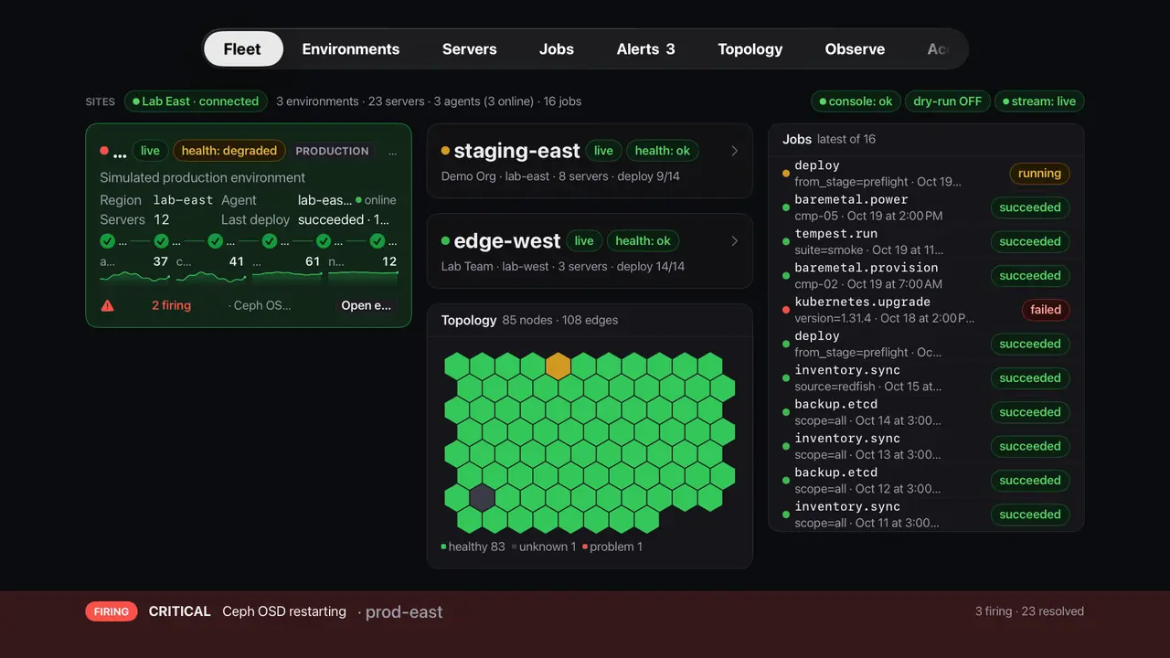 Genestack Console for Apple TV: NOC wall (simulated demo data)