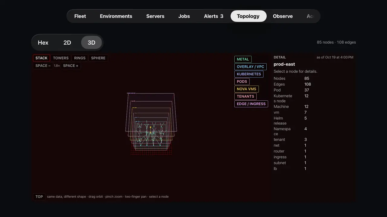 Genestack Console for Apple TV: Topology in 3D (simulated demo data)