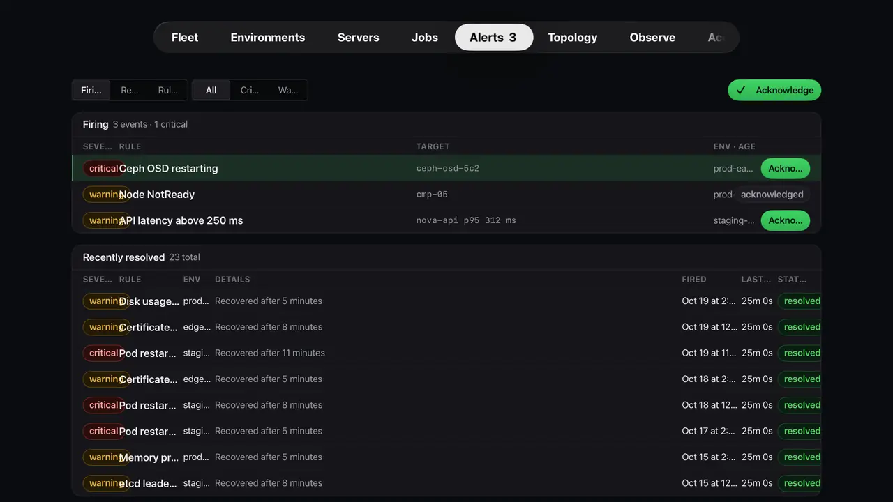 Genestack Console for Apple TV: Alerts (simulated demo data)